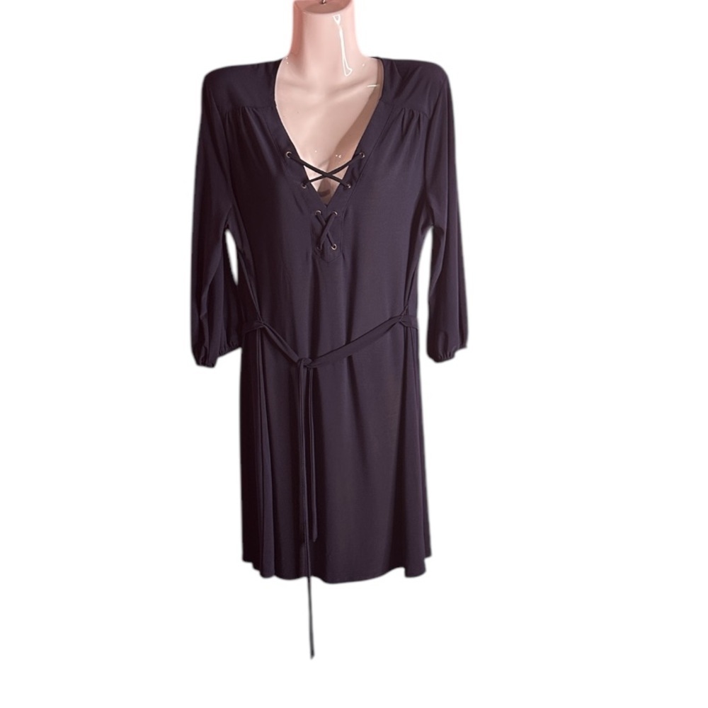 Luxology Dress Womens 10 Navy Shift Lace Up V Neck Balloon 3/4 Sleeve